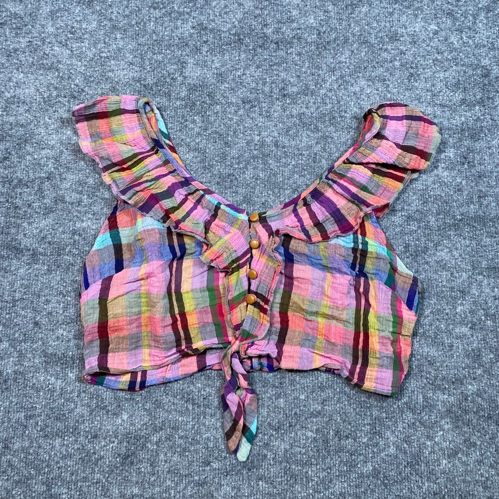 Urban Outfitters Plaid Ruffle Crop Top Pink Multi Cotton Tie Front Size L